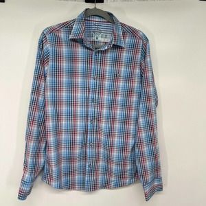 Flag of Anthem Madeflex Button Up Shirt Men's Sz S Blue Red Plaid Long Sleeve